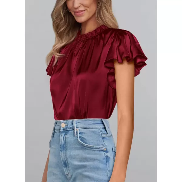 imagePRETTYGARDEN Womens Summer Satin Blouse Shirt Dressy Casual Ruffle Short Sleeve Crewneck Work Party TopsWine Red