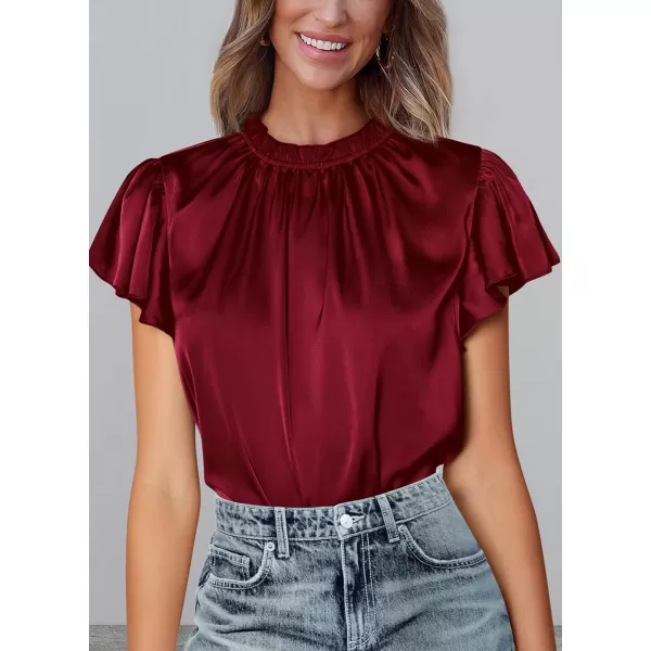 imagePRETTYGARDEN Womens Summer Satin Blouse Shirt Dressy Casual Ruffle Short Sleeve Crewneck Work Party TopsWine Red