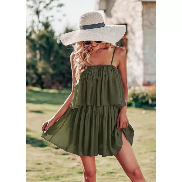 imagePRETTYGARDEN Womens Summer Short Rompers Spaghetti Strap Elastic Waist Square Neck Ruffle Casual Flowy JumpsuitsArmy Green