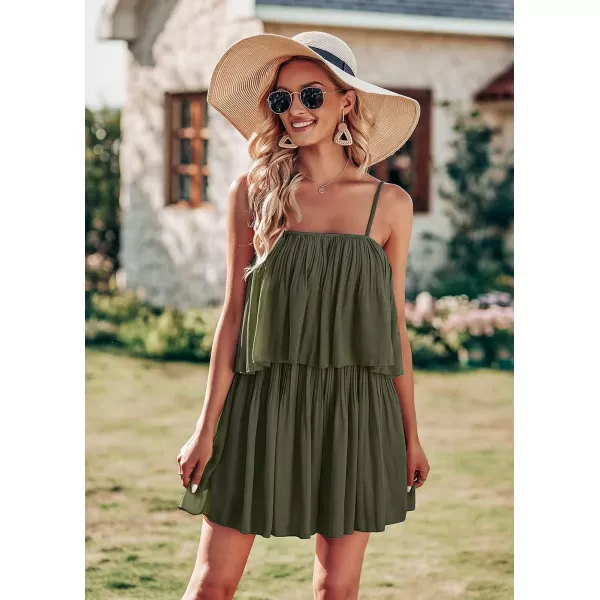 imagePRETTYGARDEN Womens Summer Short Rompers Spaghetti Strap Elastic Waist Square Neck Ruffle Casual Flowy JumpsuitsArmy Green