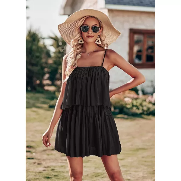 imagePRETTYGARDEN Womens Summer Short Rompers Spaghetti Strap Elastic Waist Square Neck Ruffle Casual Flowy JumpsuitsBlack