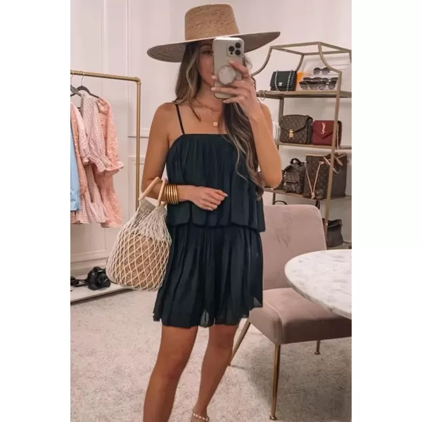 imagePRETTYGARDEN Womens Summer Short Rompers Spaghetti Strap Elastic Waist Square Neck Ruffle Casual Flowy JumpsuitsBlack