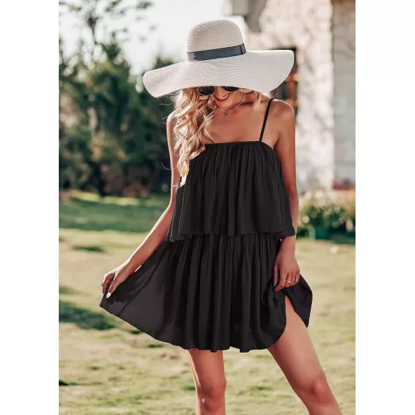imagePRETTYGARDEN Womens Summer Short Rompers Spaghetti Strap Elastic Waist Square Neck Ruffle Casual Flowy JumpsuitsBlack