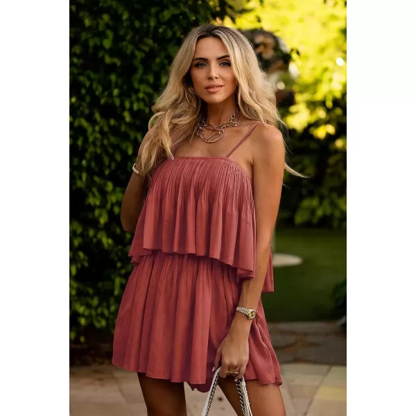 imagePRETTYGARDEN Womens Summer Short Rompers Spaghetti Strap Elastic Waist Square Neck Ruffle Casual Flowy JumpsuitsBrown