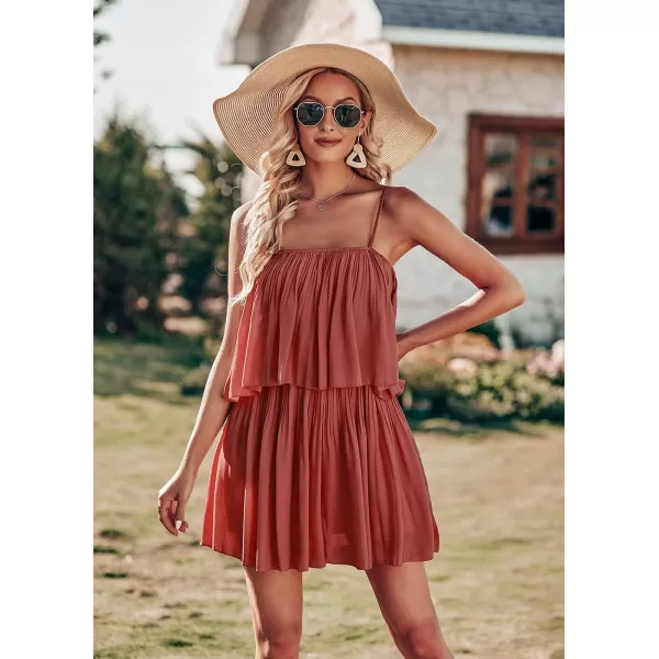imagePRETTYGARDEN Womens Summer Short Rompers Spaghetti Strap Elastic Waist Square Neck Ruffle Casual Flowy JumpsuitsBrown