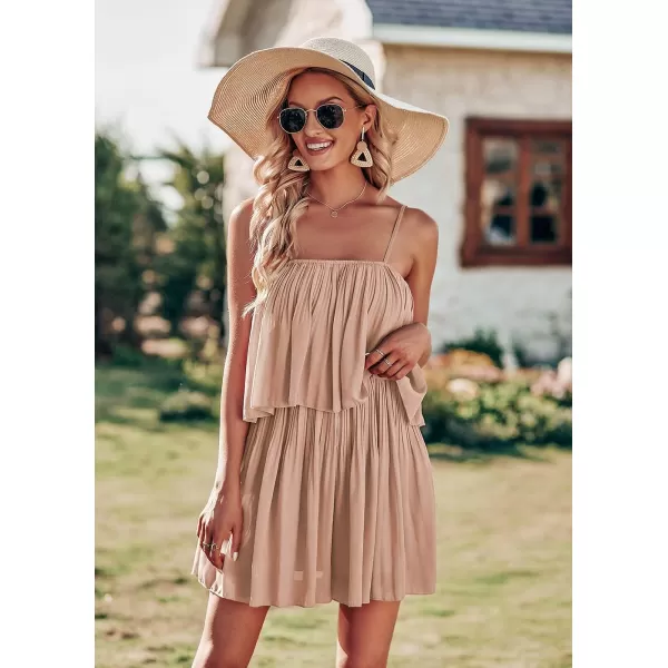 imagePRETTYGARDEN Womens Summer Short Rompers Spaghetti Strap Elastic Waist Square Neck Ruffle Casual Flowy JumpsuitsKhaki