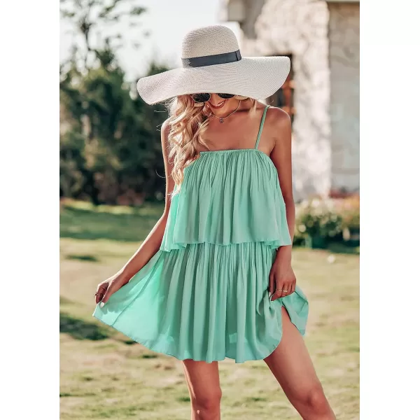 imagePRETTYGARDEN Womens Summer Short Rompers Spaghetti Strap Elastic Waist Square Neck Ruffle Casual Flowy JumpsuitsLight Green