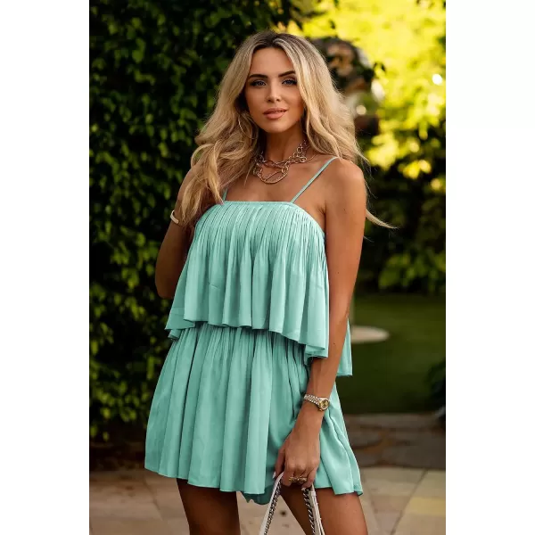 imagePRETTYGARDEN Womens Summer Short Rompers Spaghetti Strap Elastic Waist Square Neck Ruffle Casual Flowy JumpsuitsLight Green
