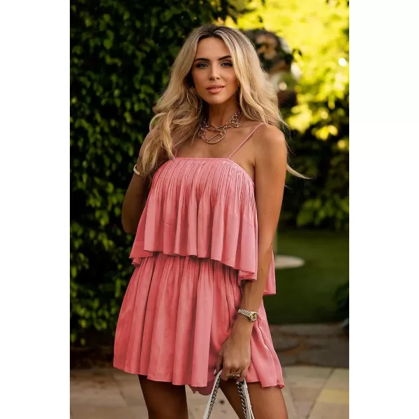 imagePRETTYGARDEN Womens Summer Short Rompers Spaghetti Strap Elastic Waist Square Neck Ruffle Casual Flowy JumpsuitsPeach Pink