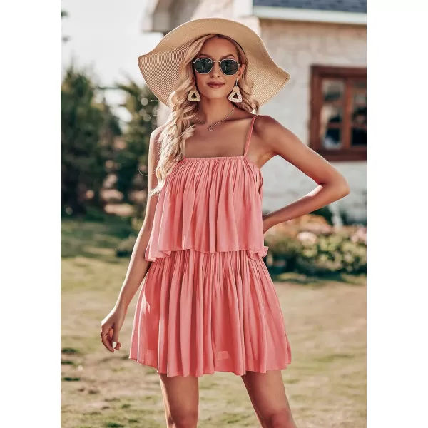 imagePRETTYGARDEN Womens Summer Short Rompers Spaghetti Strap Elastic Waist Square Neck Ruffle Casual Flowy JumpsuitsPeach Pink