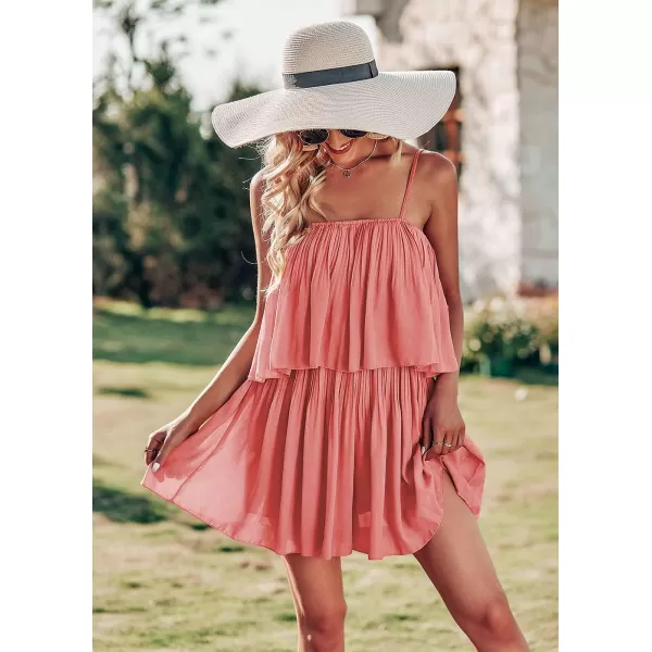 imagePRETTYGARDEN Womens Summer Short Rompers Spaghetti Strap Elastic Waist Square Neck Ruffle Casual Flowy JumpsuitsPeach Pink