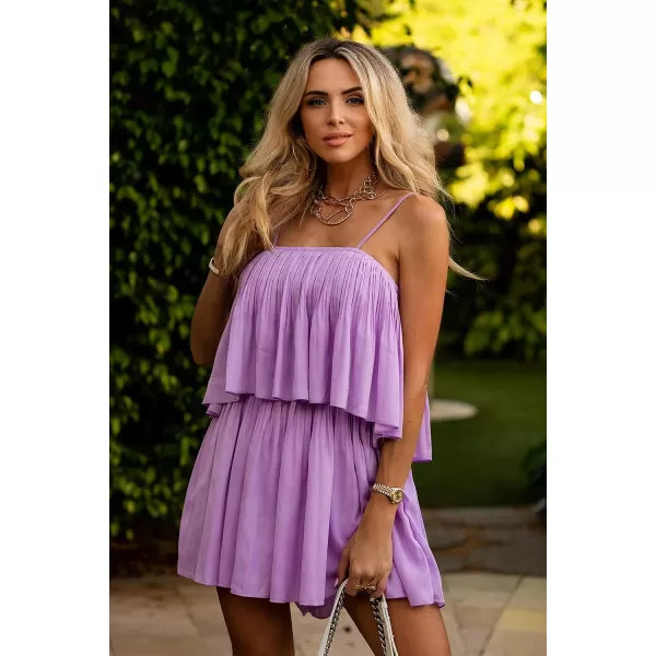 imagePRETTYGARDEN Womens Summer Short Rompers Spaghetti Strap Elastic Waist Square Neck Ruffle Casual Flowy JumpsuitsPurple
