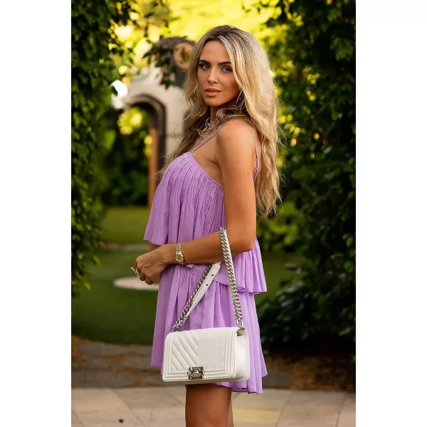 imagePRETTYGARDEN Womens Summer Short Rompers Spaghetti Strap Elastic Waist Square Neck Ruffle Casual Flowy JumpsuitsPurple