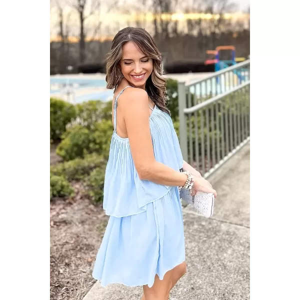 imagePRETTYGARDEN Womens Summer Short Rompers Spaghetti Strap Elastic Waist Square Neck Ruffle Casual Flowy JumpsuitsSky Blue