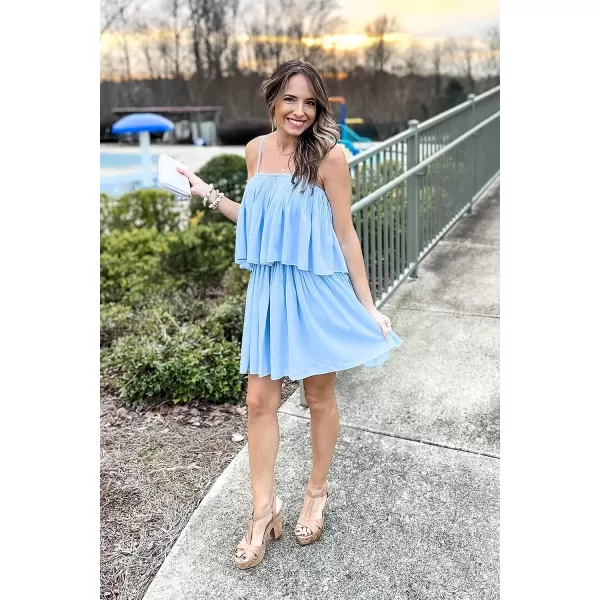 imagePRETTYGARDEN Womens Summer Short Rompers Spaghetti Strap Elastic Waist Square Neck Ruffle Casual Flowy JumpsuitsSky Blue