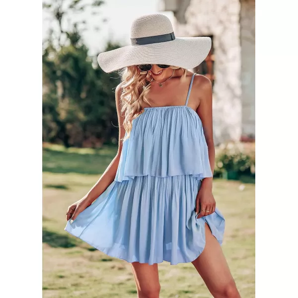 imagePRETTYGARDEN Womens Summer Short Rompers Spaghetti Strap Elastic Waist Square Neck Ruffle Casual Flowy JumpsuitsSky Blue