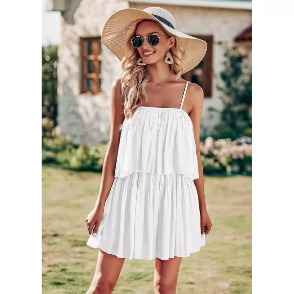 imagePRETTYGARDEN Womens Summer Short Rompers Spaghetti Strap Elastic Waist Square Neck Ruffle Casual Flowy JumpsuitsWhite