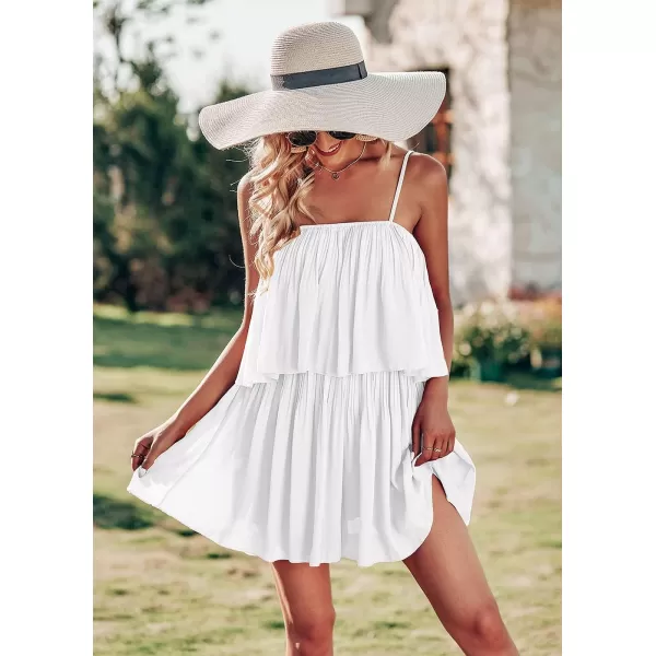 imagePRETTYGARDEN Womens Summer Short Rompers Spaghetti Strap Elastic Waist Square Neck Ruffle Casual Flowy JumpsuitsWhite
