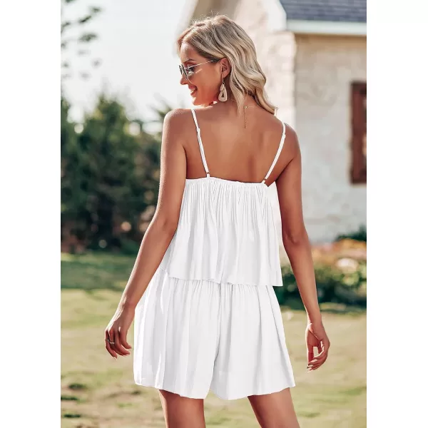 imagePRETTYGARDEN Womens Summer Short Rompers Spaghetti Strap Elastic Waist Square Neck Ruffle Casual Flowy JumpsuitsWhite
