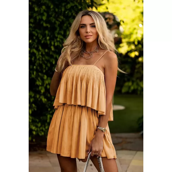 imagePRETTYGARDEN Womens Summer Short Rompers Spaghetti Strap Elastic Waist Square Neck Ruffle Casual Flowy JumpsuitsYellow