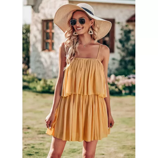 imagePRETTYGARDEN Womens Summer Short Rompers Spaghetti Strap Elastic Waist Square Neck Ruffle Casual Flowy JumpsuitsYellow