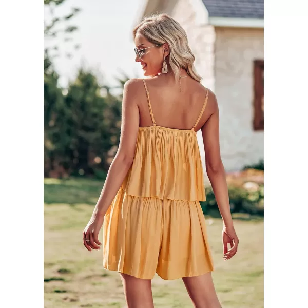 imagePRETTYGARDEN Womens Summer Short Rompers Spaghetti Strap Elastic Waist Square Neck Ruffle Casual Flowy JumpsuitsYellow