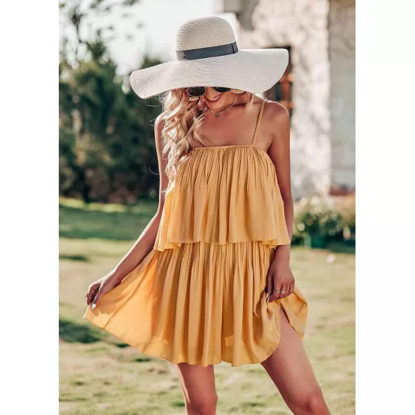 imagePRETTYGARDEN Womens Summer Short Rompers Spaghetti Strap Elastic Waist Square Neck Ruffle Casual Flowy JumpsuitsYellow