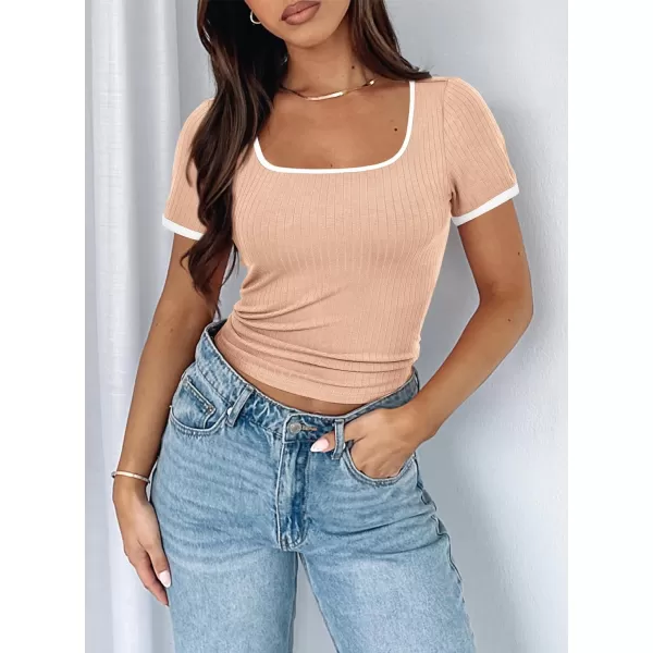 imagePRETTYGARDEN Womens Summer Short Sleeve T Shirts Ribbed Knit Square Neck Color Block Slim Fitted Basic Casual Tops BlousesApricot