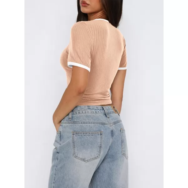 imagePRETTYGARDEN Womens Summer Short Sleeve T Shirts Ribbed Knit Square Neck Color Block Slim Fitted Basic Casual Tops BlousesApricot