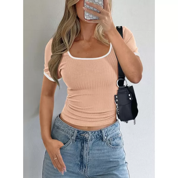 imagePRETTYGARDEN Womens Summer Short Sleeve T Shirts Ribbed Knit Square Neck Color Block Slim Fitted Basic Casual Tops BlousesApricot