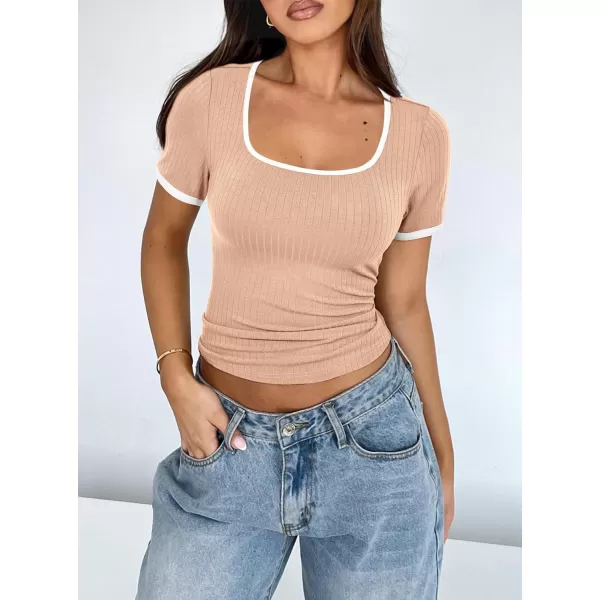 imagePRETTYGARDEN Womens Summer Short Sleeve T Shirts Ribbed Knit Square Neck Color Block Slim Fitted Basic Casual Tops BlousesApricot