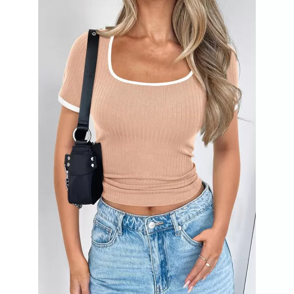 imagePRETTYGARDEN Womens Summer Short Sleeve T Shirts Ribbed Knit Square Neck Color Block Slim Fitted Basic Casual Tops BlousesApricot