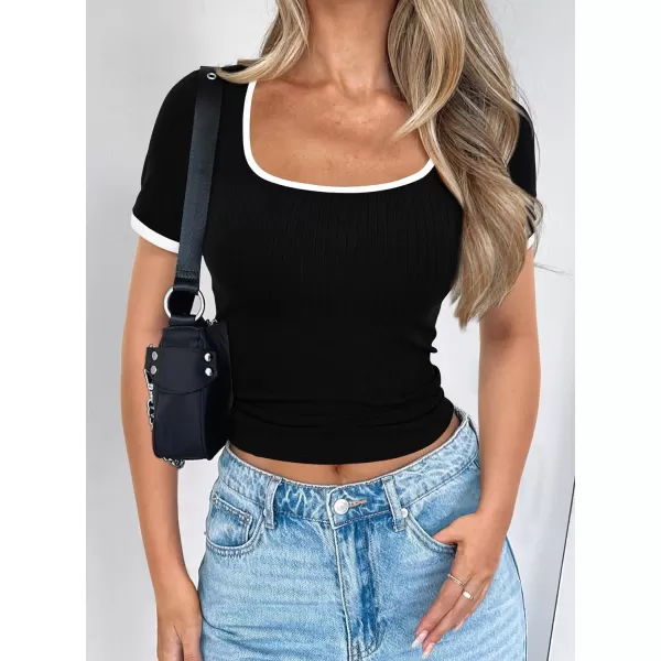 imagePRETTYGARDEN Womens Summer Short Sleeve T Shirts Ribbed Knit Square Neck Color Block Slim Fitted Basic Casual Tops BlousesBlack