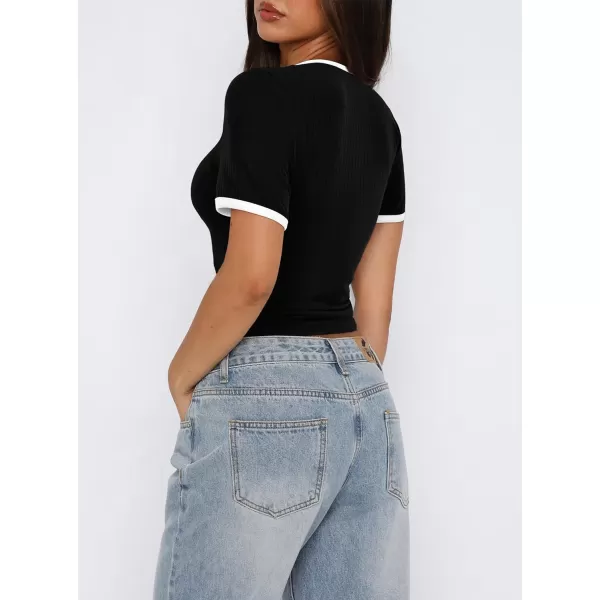 imagePRETTYGARDEN Womens Summer Short Sleeve T Shirts Ribbed Knit Square Neck Color Block Slim Fitted Basic Casual Tops BlousesBlack