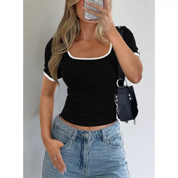 imagePRETTYGARDEN Womens Summer Short Sleeve T Shirts Ribbed Knit Square Neck Color Block Slim Fitted Basic Casual Tops BlousesBlack