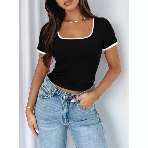 imagePRETTYGARDEN Womens Summer Short Sleeve T Shirts Ribbed Knit Square Neck Color Block Slim Fitted Basic Casual Tops BlousesBlack
