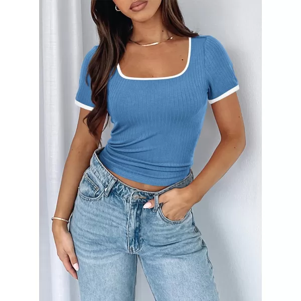 imagePRETTYGARDEN Womens Summer Short Sleeve T Shirts Ribbed Knit Square Neck Color Block Slim Fitted Basic Casual Tops BlousesBlue
