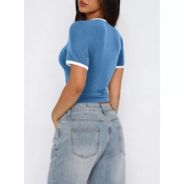 imagePRETTYGARDEN Womens Summer Short Sleeve T Shirts Ribbed Knit Square Neck Color Block Slim Fitted Basic Casual Tops BlousesBlue