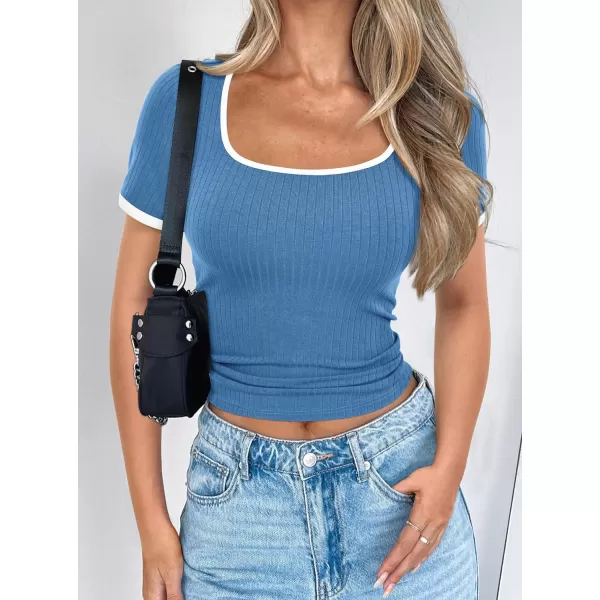 imagePRETTYGARDEN Womens Summer Short Sleeve T Shirts Ribbed Knit Square Neck Color Block Slim Fitted Basic Casual Tops BlousesBlue