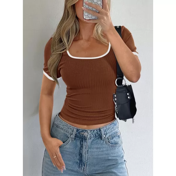imagePRETTYGARDEN Womens Summer Short Sleeve T Shirts Ribbed Knit Square Neck Color Block Slim Fitted Basic Casual Tops BlousesBrown