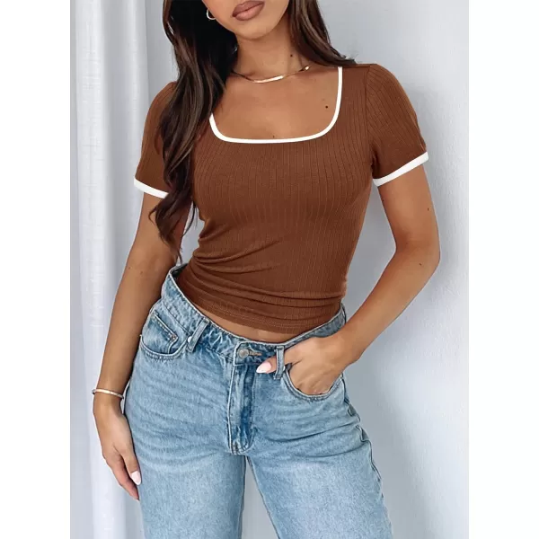 imagePRETTYGARDEN Womens Summer Short Sleeve T Shirts Ribbed Knit Square Neck Color Block Slim Fitted Basic Casual Tops BlousesBrown