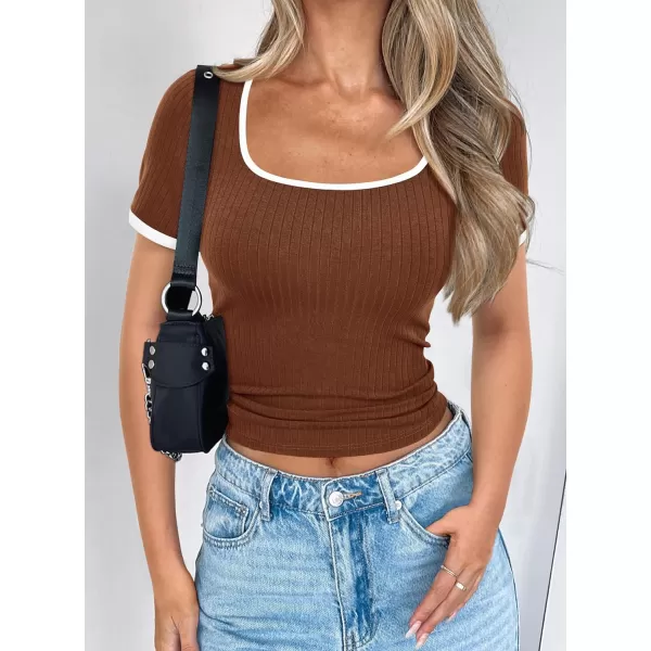 imagePRETTYGARDEN Womens Summer Short Sleeve T Shirts Ribbed Knit Square Neck Color Block Slim Fitted Basic Casual Tops BlousesBrown