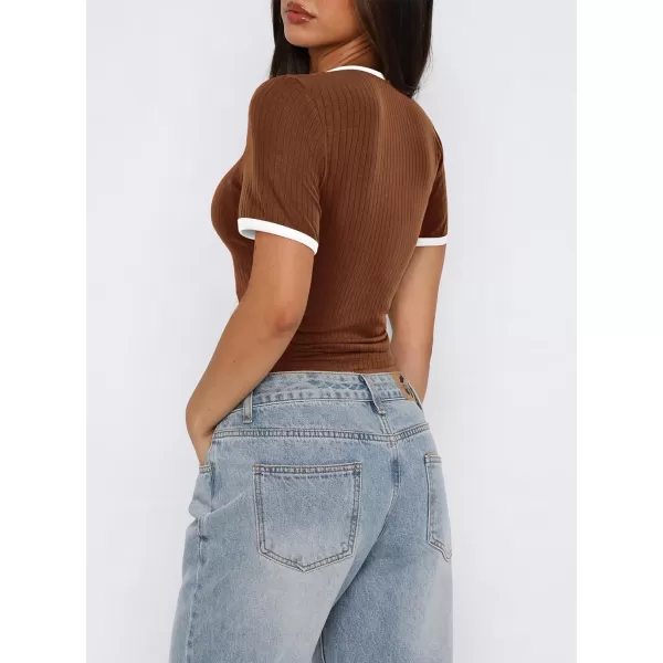imagePRETTYGARDEN Womens Summer Short Sleeve T Shirts Ribbed Knit Square Neck Color Block Slim Fitted Basic Casual Tops BlousesBrown