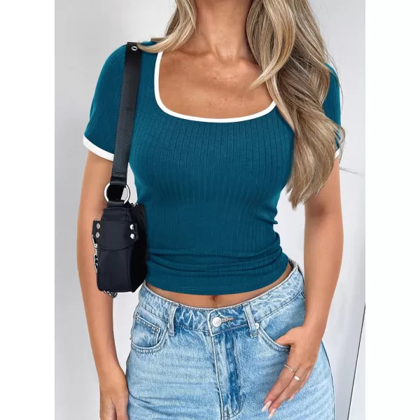 imagePRETTYGARDEN Womens Summer Short Sleeve T Shirts Ribbed Knit Square Neck Color Block Slim Fitted Basic Casual Tops BlousesDark Blue