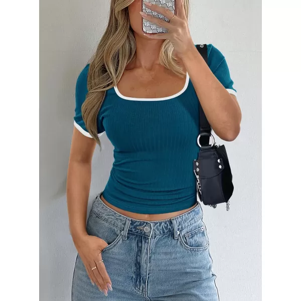 imagePRETTYGARDEN Womens Summer Short Sleeve T Shirts Ribbed Knit Square Neck Color Block Slim Fitted Basic Casual Tops BlousesDark Blue