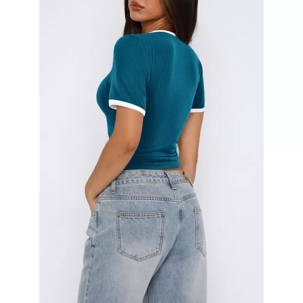 imagePRETTYGARDEN Womens Summer Short Sleeve T Shirts Ribbed Knit Square Neck Color Block Slim Fitted Basic Casual Tops BlousesDark Blue