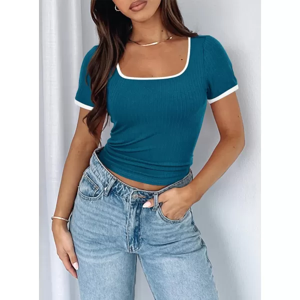 imagePRETTYGARDEN Womens Summer Short Sleeve T Shirts Ribbed Knit Square Neck Color Block Slim Fitted Basic Casual Tops BlousesDark Blue