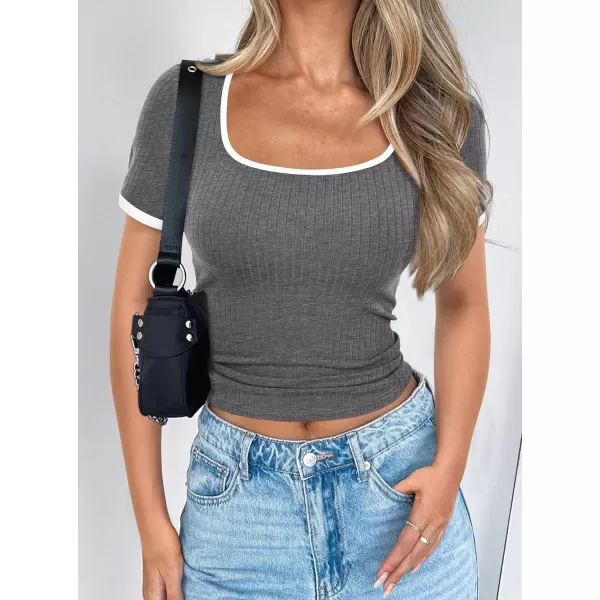imagePRETTYGARDEN Womens Summer Short Sleeve T Shirts Ribbed Knit Square Neck Color Block Slim Fitted Basic Casual Tops BlousesGrey