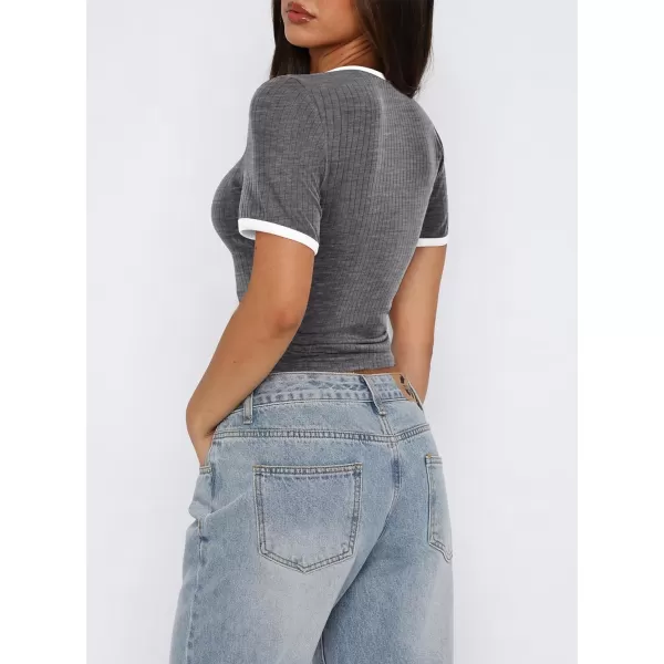 imagePRETTYGARDEN Womens Summer Short Sleeve T Shirts Ribbed Knit Square Neck Color Block Slim Fitted Basic Casual Tops BlousesGrey