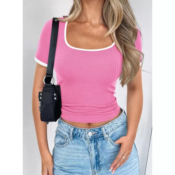 imagePRETTYGARDEN Womens Summer Short Sleeve T Shirts Ribbed Knit Square Neck Color Block Slim Fitted Basic Casual Tops BlousesLight Pink
